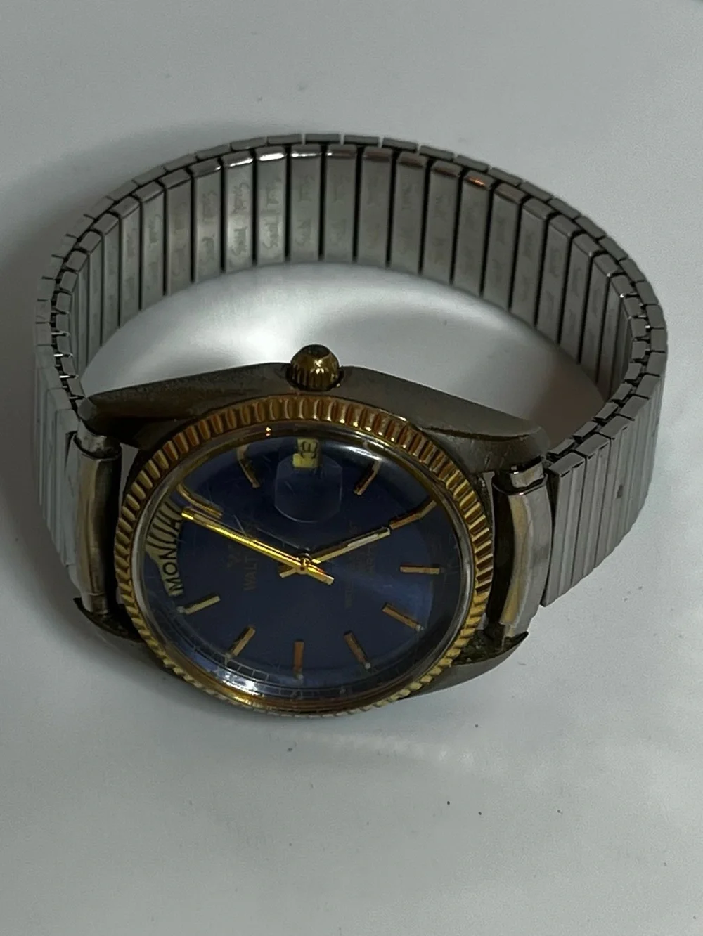 Waltham: Vintage Day/Date Watch Blue Face: Scratched Crystal- See Pics New Batt